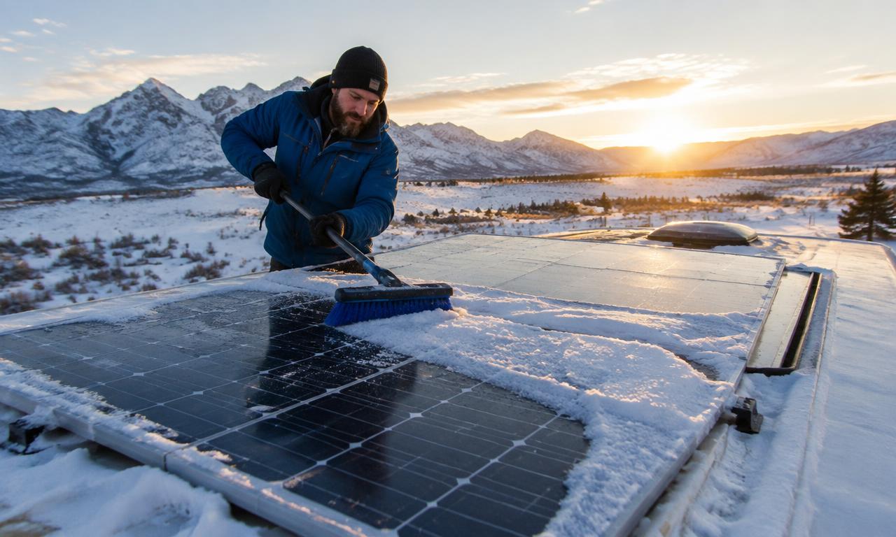 Person brushing snow off RV roof solar panels at sunrise with snowy mountains behind