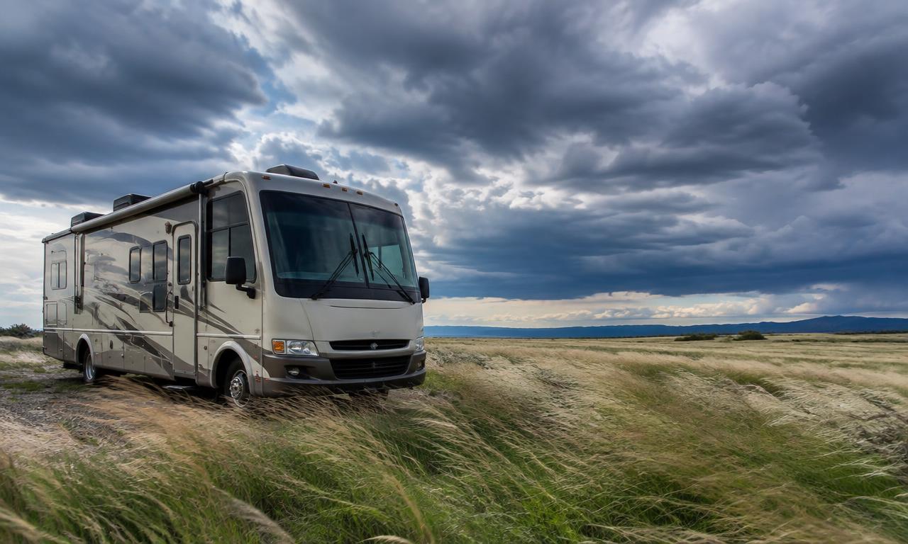 Motorhome on windy Wyoming prairie under dark clouds with grass bending in the wind