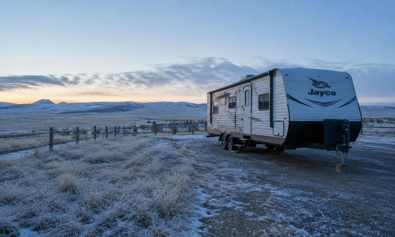 Travel trailer on a frosty Wyoming ranch driveway at dawn with snow on distant hills