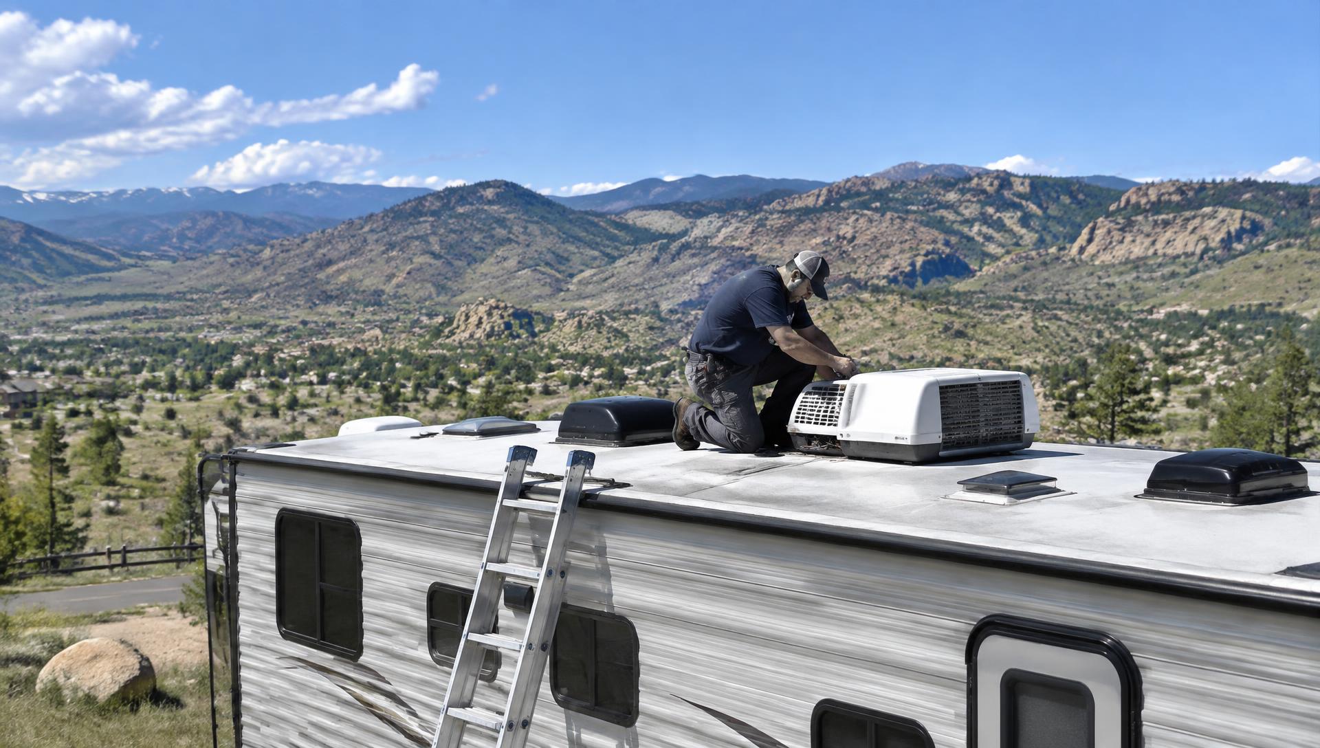 Technician servicing a rooftop RV air conditioner with Colorado foothills behind
