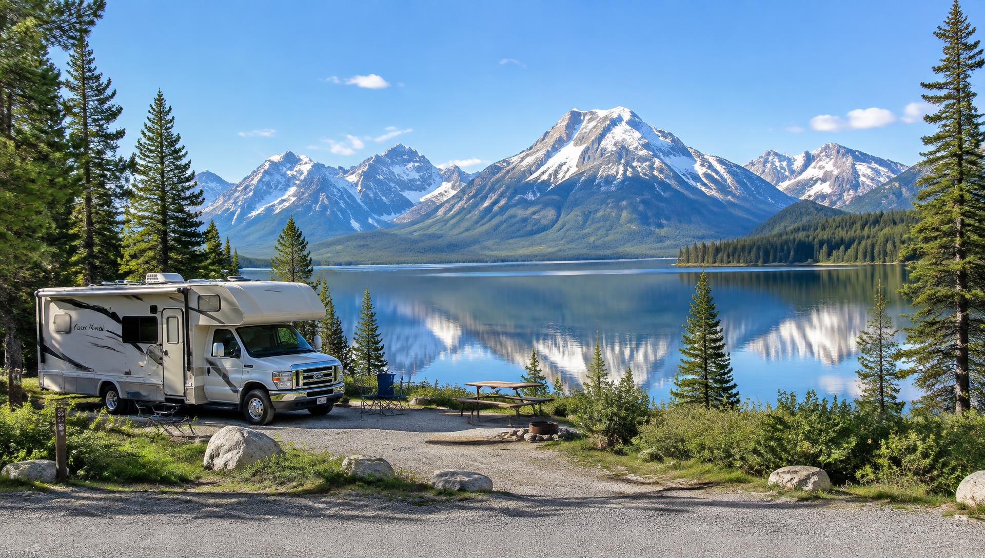 Motorhome at a lakeside campground with the Rocky Mountains behind
